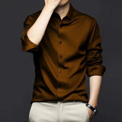 SOLSTICE Men Solid Party Brown Shirt