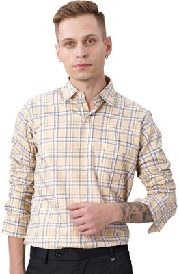 french crown Men Checkered Casual Cream, Black, White Shirt