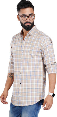 FAVNIC Men Checkered Casual White, Cream Shirt