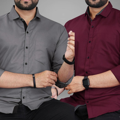 BROWEARS Men Solid Casual Grey, Maroon Shirt(Pack of 2)