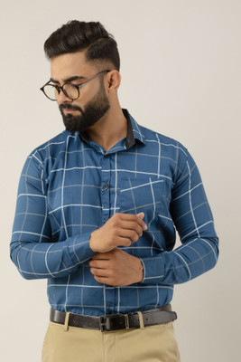 Surhi Men Checkered Formal Light Blue Shirt