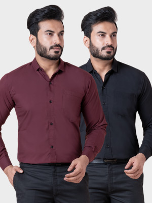 BONCUE Men Solid Formal Maroon, Black Shirt(Pack of 2)