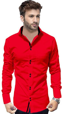 P & V Creations Men Solid Casual Red Shirt
