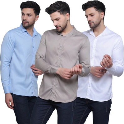 CRAFT HEAVEN Men Solid Casual Light Blue, Grey, White Shirt(Pack of 3)