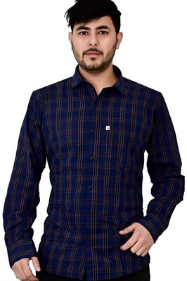 Marc Laurent Men Checkered Formal Dark Blue, Beige Shirt