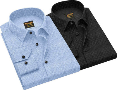 clinch fashion Men Self Design Casual Light Blue, Black Shirt(Pack of 2)