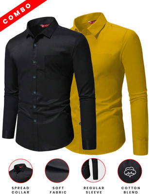 FireFish Men Solid Casual Yellow Shirt(Pack of 2)