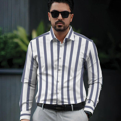 Binayak Men Striped Formal White, Black Shirt