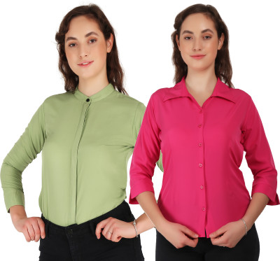 HEAVENS CREATIONS Women Solid Formal Light Green, Pink Shirt(Pack of 2)