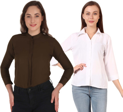 Hunoor Women Solid Formal Green Shirt(Pack of 2)