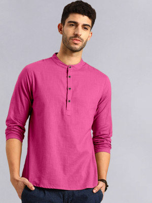 allan peter Men Solid Straight Kurta(Pink)