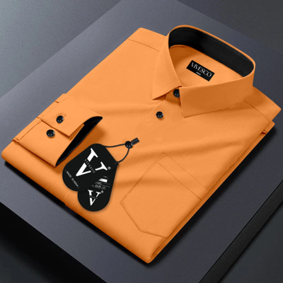 VIVESCO Men Solid Casual Orange Shirt