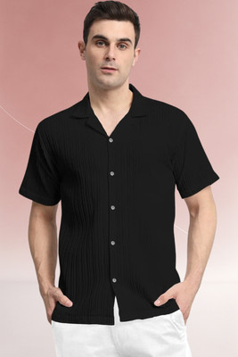 A DEEMOON TREND Men Striped, Self Design, Solid Casual Black Shirt