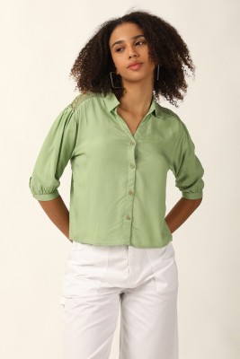 FOREVER 21 Women Solid Casual Light Green Shirt