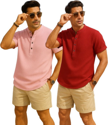 METRONAUT Men Solid Casual Pink, Maroon Shirt(Pack of 2)