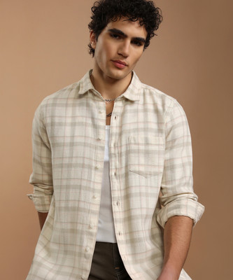 HIGHLANDER Men Checkered Casual Cream Shirt