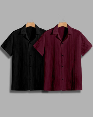 House of Vinay Men Self Design Casual Black, Maroon Shirt(Pack of 2)