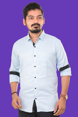 PUBHIZA Men Checkered Casual Light Blue Shirt