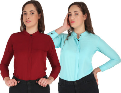 Giggles Women Solid Casual Light Blue, Maroon Shirt(Pack of 2)