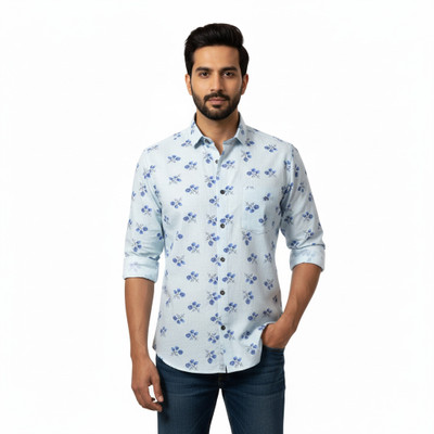 BBM MILLS Men Floral Print Casual Light Blue Shirt