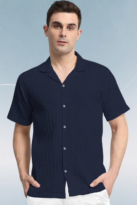 A DEEMOON TREND Men Striped, Self Design, Solid Casual Dark Blue Shirt