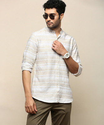 INVICTUS Men Striped Casual Beige, White Shirt