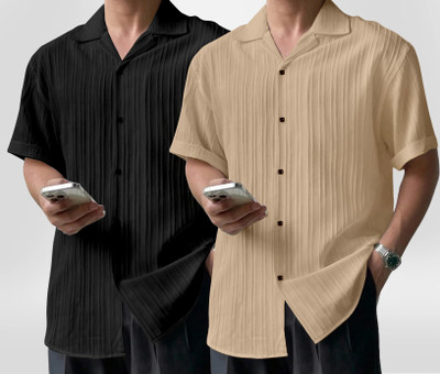 Lyphy Men Solid Casual Beige, Black Shirt(Pack of 2)