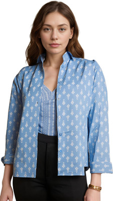 PAVVOIN Women Printed Beach Wear Blue, White Shirt