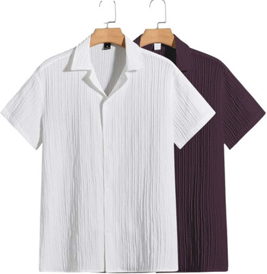 METRONAUT Men Self Design Casual White, Maroon Shirt(Pack of 2)