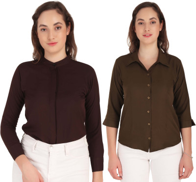 Mamnoon Women Solid Casual Brown Shirt(Pack of 2)