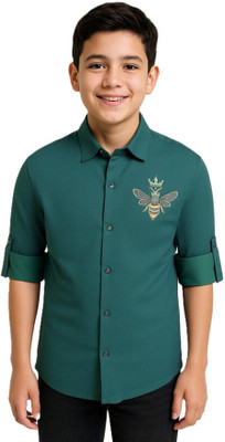 Charchit Boys Embroidered Casual Green Shirt