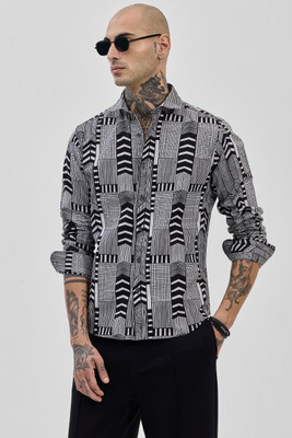 Snitch Men Geometric Print Casual Black Shirt