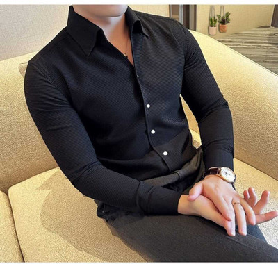 Pribha Fashion Men Self Design Formal Black Shirt
