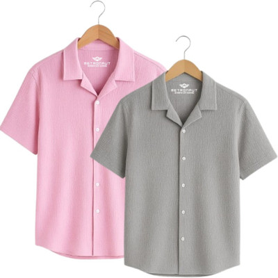 METRONAUT Men Self Design Casual Pink, Grey Shirt(Pack of 2)
