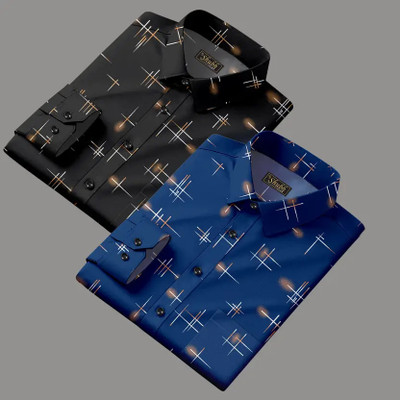 Cubix Men Graphic Print Casual White, Light Blue Shirt(Pack of 2)