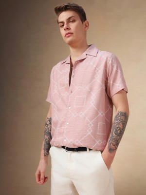 Dennis Lingo Men Printed Casual Pink Shirt