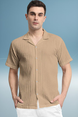 A DEEMOON TREND Men Solid Casual Cream Shirt