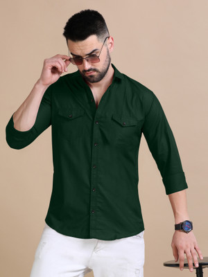 BroMiyO Men Solid Casual Dark Green Shirt