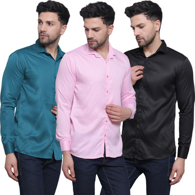 CRAFT HEAVEN Men Solid Casual Dark Green, Pink, Black Shirt(Pack of 3)