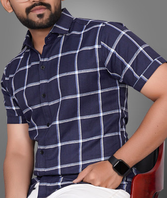 METRONAUT Men Checkered Casual Dark Blue, White Shirt