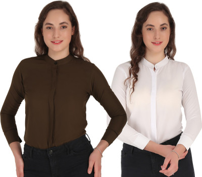 Giggles Women Solid Casual White, Brown Shirt(Pack of 2)