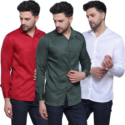 FILNECH Men Solid Casual Red, Dark Green, White Shirt(Pack of 3)