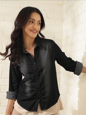 MAYKR Women Solid Casual Black Shirt
