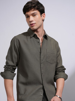 HIGHLANDER Men Self Design Casual Light Green Shirt