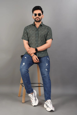 ISUEL FAB Men Printed Formal Green Shirt