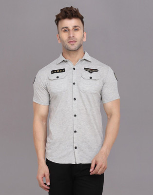 GEUM Men Solid Casual Silver Shirt
