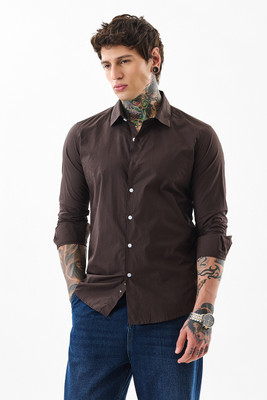 Snitch Men Solid Casual Brown Shirt
