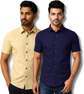 RAREMARK Men Self Design Formal Beige, Dark Blue Shirt(Pack of 2)