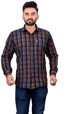 Marc Laurent Men Checkered Casual Dark Blue, Blue, Orange Shirt
