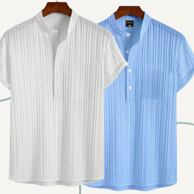 Looksky Men Self Design Casual White, Light Blue Shirt(Pack of 2)